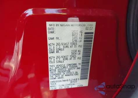 2022 Nissan Frontier Sv 4X4 из США, поврежденный, VIN 1N6ED1EK7NN652485